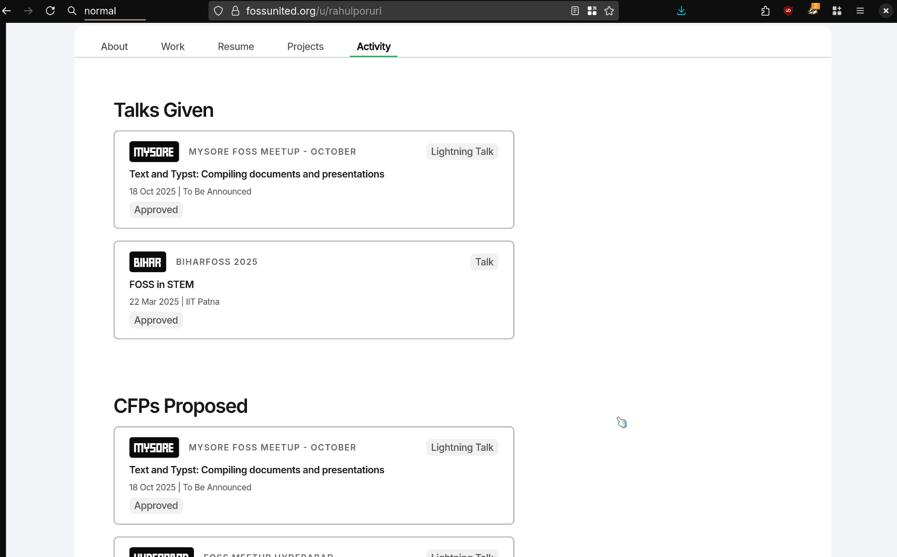 Profile Activity page